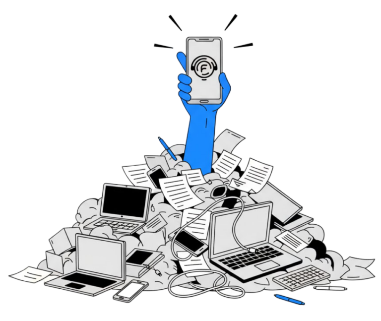 Hand emerging from pile of content holding a phone with Flowcast